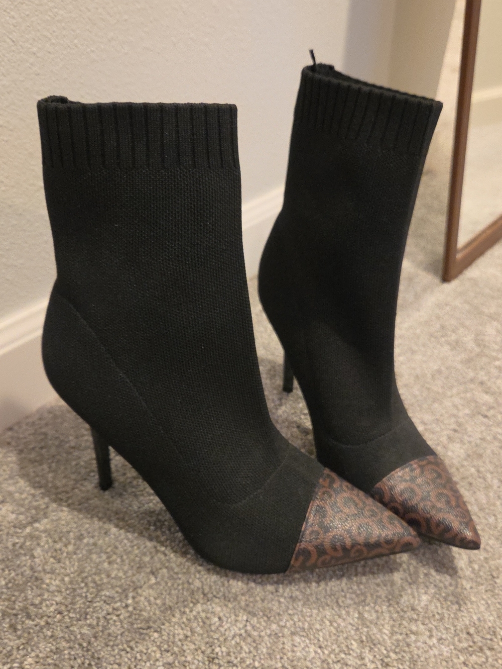 Guess Black Knit Sock Ankle Boots with Brown Patterned Pointed Toe